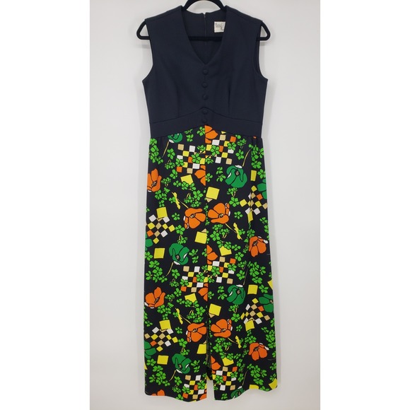 Vintage Dresses & Skirts - Vintage 70s Puritan Forever Young Mod Floral Geometric Sleeveless Maxi Dress M